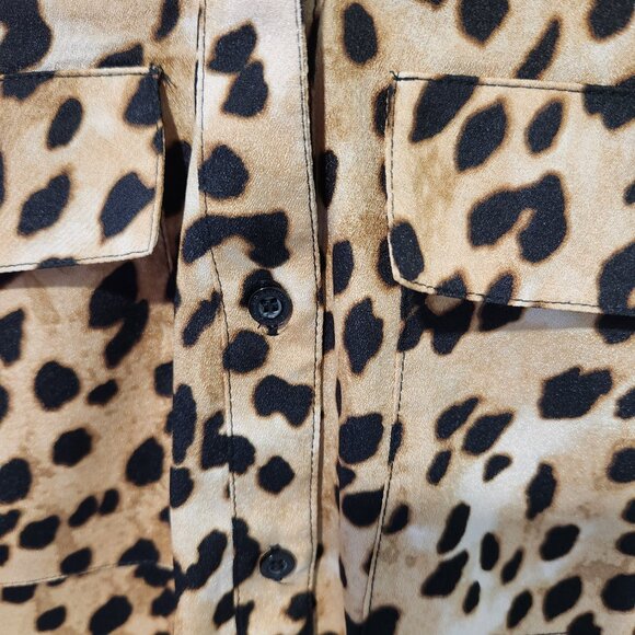 Calvin Klein Women's Brown Leopard Print Long Sleeve Roll -Tab Blouse Top -Small - Picture 5 of 9